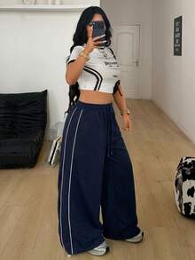 Coolane 女士加大码春夏简约基础款日常街头休闲运动风法式灰色宽松低腰阔腿运动裤 - 藏蓝色 - 查看 5