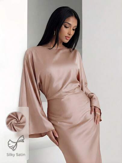 Veilorie Solid Color Long Sleeve Casual Long Arabic Style Dress Modest