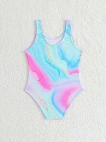 Bộ áo tắm liền quần in họa tiết nhuộm tie-dye cho bé gái, dây đeo rộng, cổ tròn, kiểu dáng giản dị, thanh lịch, duyên dáng, thích hợp cho bơi lội, kỳ nghỉ hè, bãi biển, hồ bơi, tiệc tùng. - Nhiều màu - Xem 2