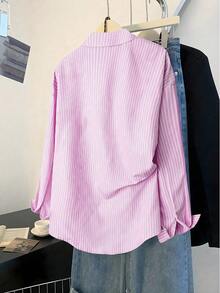 Camisa de vacaciones a rayas de dopamina rosa para mujer de talla grande - Multicolor - Ver 2
