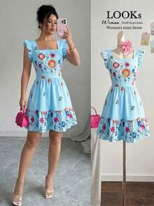 Elenzga Rochie de vacanță casuală pentru femei, albă, cu imprimeu digital floral multicolor, decolteu pătrat, tiv cu volane, fără mâneci, potrivită pentru carnaval, Ziua Muncii, Paște, întoarcerea la școală, Ziua Profesorului, student, campus, călătorii, stradă, grădină, vară, modă esențială nouă - Bleu - Vizualizare 1