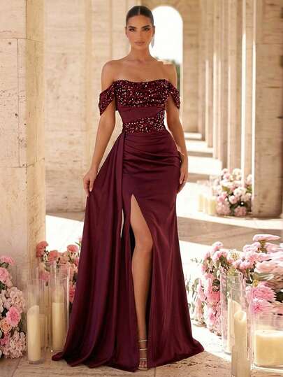 Glamrae Elegant Luxurious Beaded Sequin Diamond Splice Elastic Satin Off-Shoulder Mermaid Ruched Dress, Suitable For Weddings, Parties, Vacations, Galas, Evening Formal Wear (Heavily Embellished)