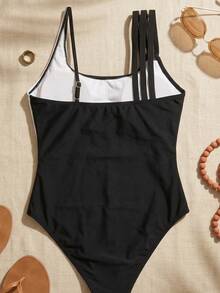 Swim SPRTY Summer Beach Color Block Mesh Insert One Piece Swimsuit - Black and White - View 7