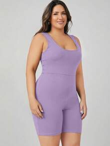 SHEIN BASICS 大尺碼女款素色休閒日常連身褲夏季女裝套裝 - 紫色 - 查看 7