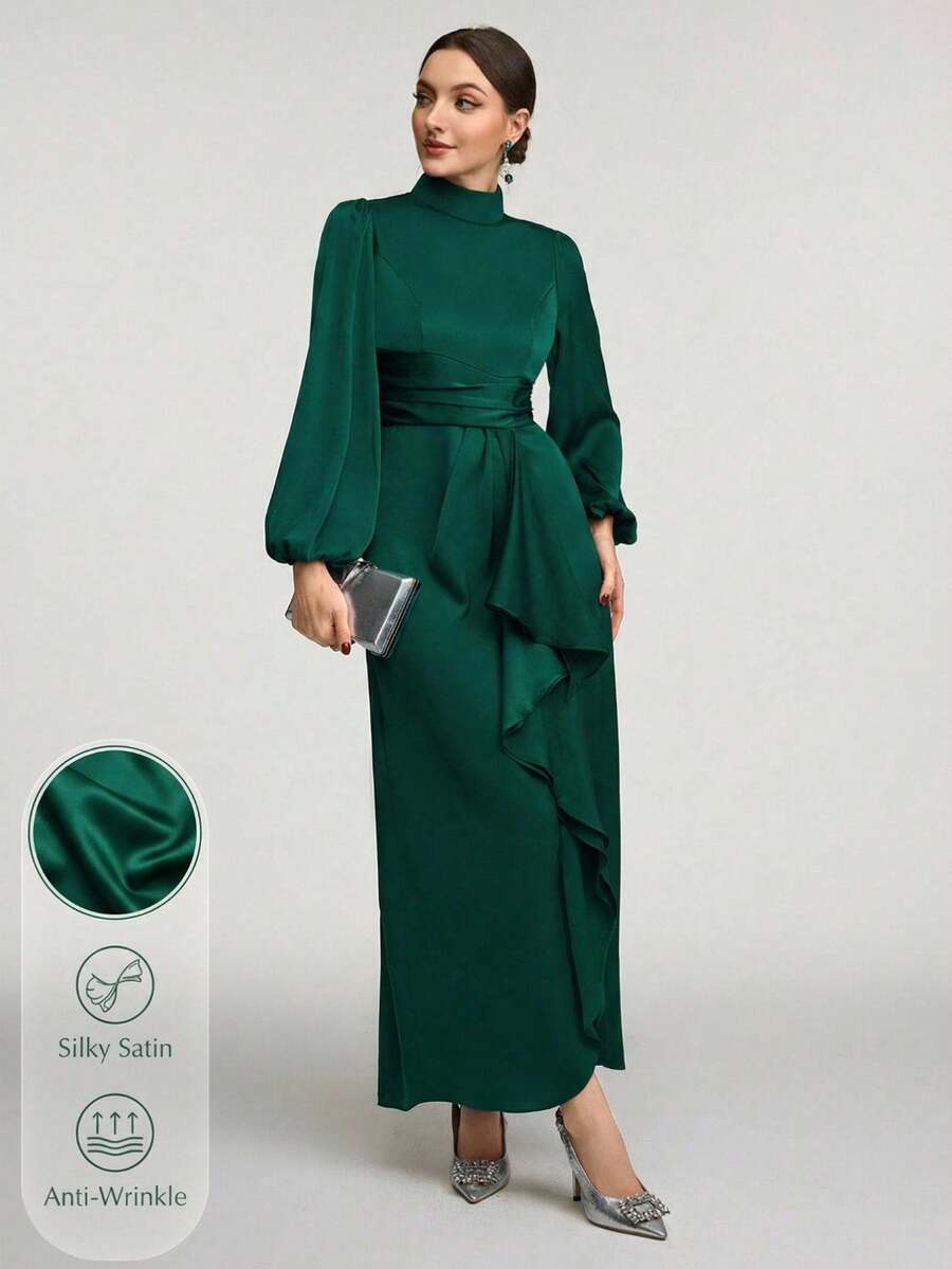 Veilorie Women Solid Color Stand Collar Ruffle Hem Long Sleeve Casual Dress Modest - Dark Green - View 1