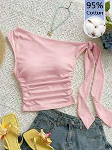 Women's Polka Dot Sleeveless Blouse With Ruching And Front Bow For KQTV - Merah Muda Pucat - View 7