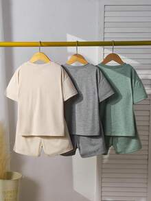 SHEIN 6件套儿童休闲简约圆领T恤短裤套装，夏季运动服，3种颜色（灰色、黑色、白色） - 彩色 - 查看 2