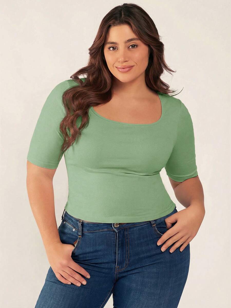 SHEIN BASICS 大码女式纯色休闲百搭日常短袖T恤 - 綠色 - 查看 1