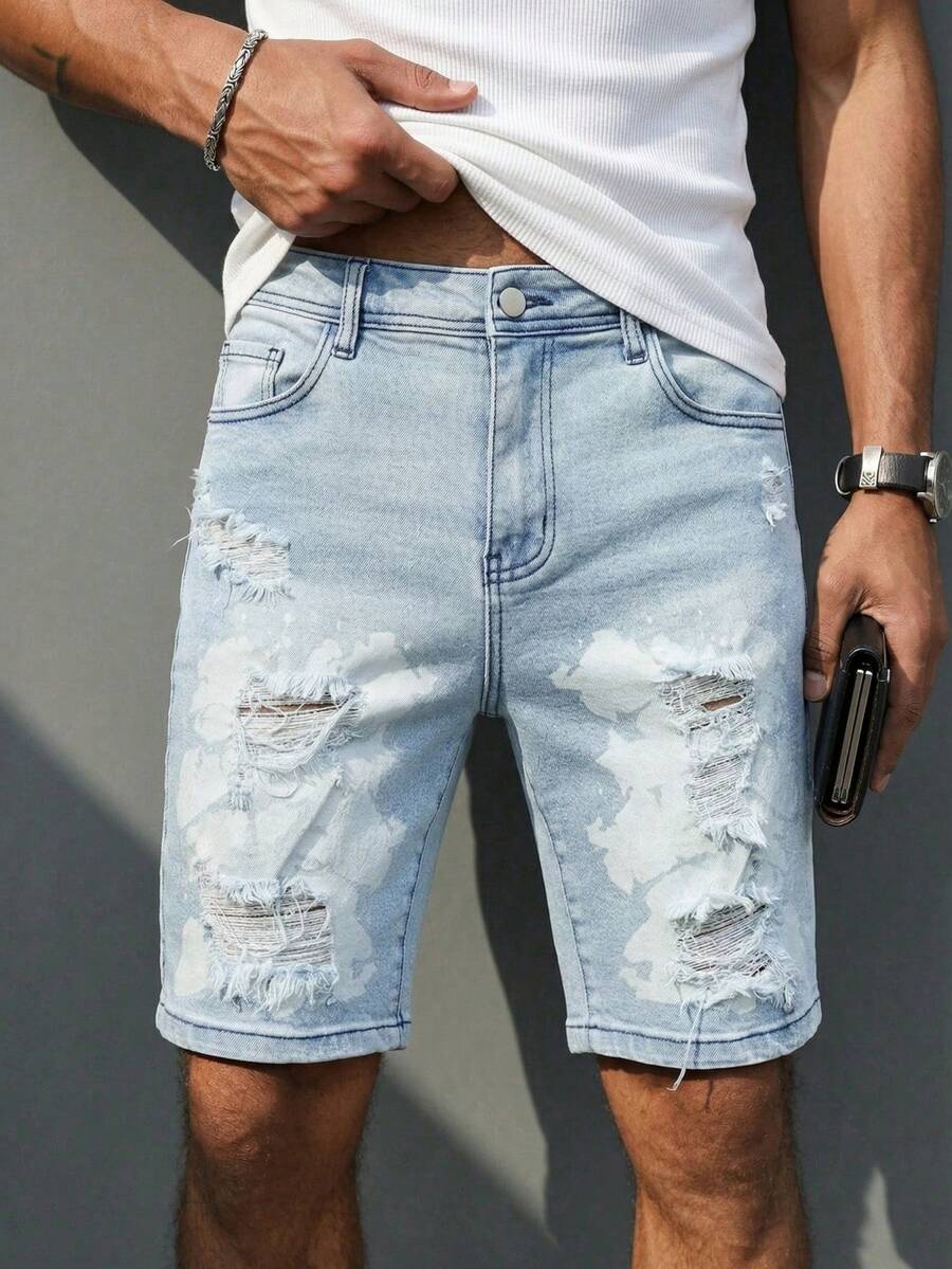 Manfinity EMRG Men's Casual Street Style Printed Distressed Blue Denim Shorts - Light Wash - View 1