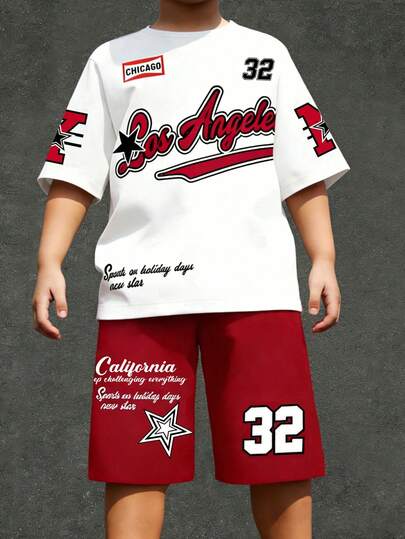 Bộ 2 món đồ thể thao thời trang cho bé trai, áo thun cổ tròn tay ngắn + quần short, áo thun ngoài trời cho bé trai, in hình số 23 và 32, bộ áo thun dệt kim mềm mại, thoải mái, rộng rãi cho bé trai, thích hợp cho mùa hè, thể thao và thường ngày.