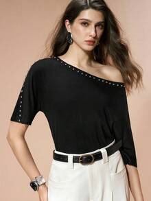 Aveloria Modichic Áo nữ dáng suông, vai lệch, đính đinh tán thủ công, thích hợp mặc đi làm. - màu đen - Xem 5