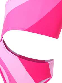 SHEIN Kleine Mädchen Farbblock Badeanzug, geeignet für Strandurlaub, Pool-Party, Strandparty - Heißes Pink - Übersicht 3