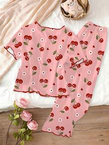 Genkimix Kids Bộ đồ ngủ 2 món cho bé gái tuổi teen, áo thun màu hồng in hình quả anh đào ngọt ngào với viền bèo tương phản và quần ống rộng in hình quả anh đào, đồ mặc nhà thoải mái. - Hồng - Xem 2