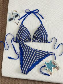 Swim Vcay 2026春季新款加大码女式针织蓝白条纹露背拼接比基尼套装，泳衣 - 藍色 - 查看 7