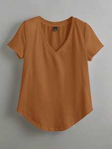 Blusa casual de mujer de manga corta con cuello en V de unicolor, para uso diario - Marrón Chocolate - Ver 5