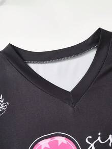 SHEIN 少女字母图案V领宽松休闲T恤和A字裙两件套 - 玫紅色 - 查看 7