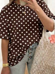 EMERY ROSE Polka Dot Crew Neck Casual Short-Sleeved T-Shirt, Plus Size Women's T-Shirt, Summer Style - Multicolor - View 3