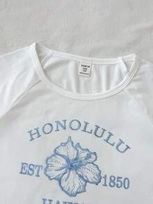 Kids Tween Girl White Floral Letter Print Cropped Fitted Short Sleeve T-Shirt Blue And White Stripe Summer Casual Vacation Holiday Yoga Graphic Tee - White - View 6