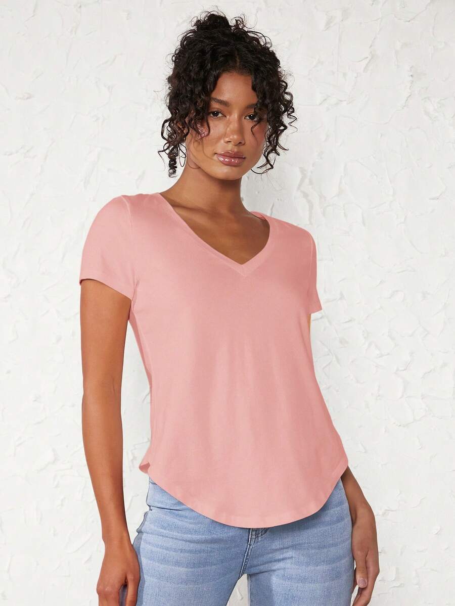 SHEIN BASICS 1件纯色V领弧形下摆T恤