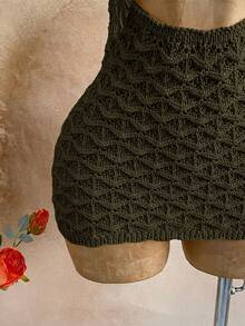Soleia Women's Solid Color Halter Tie-Up Backless Sexy Vacation Knit Dress - Army Green - View 4