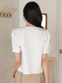 DAZY Women's Casual Elegant Textured Fabric Short Sleeve Shirt, Spring & Summer - White - View 2