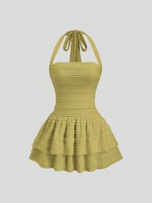 Sweetra New Casual Solid Color Textured Tie-Up Camisole High Waist Flared Skirt, Suitable For Spring/Summer Everyday Wear - Green - View 1