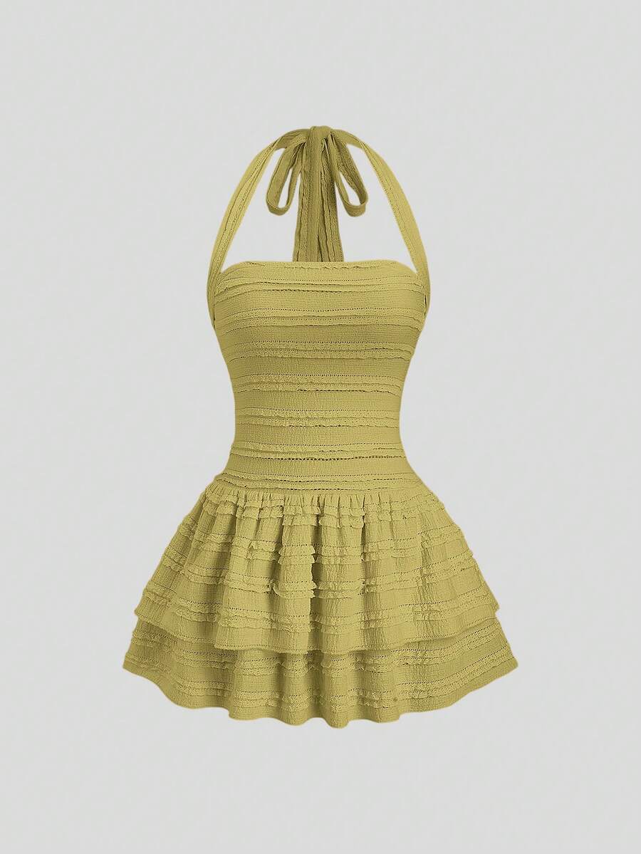 Sweetra New Casual Solid Color Textured Tie-Up Camisole High Waist Flared Skirt, Suitable For Spring/Summer Everyday Wear - Green - View 1