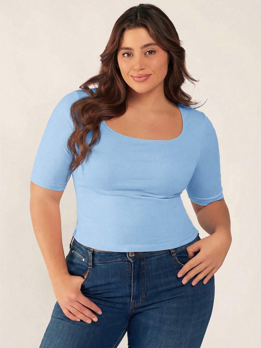 SHEIN BASICS Plus Size Women Solid Color Casual Versatile Daily Dinner Office Short Sleeve T-Shirt Tops For Square Neck Top Plain Light Blue Summer