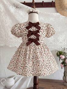 LMoss Kids Baby Girl Ditsy Floral Round Neck Puff Sleeve Fitted Casual Dress - Multicolor - View 4