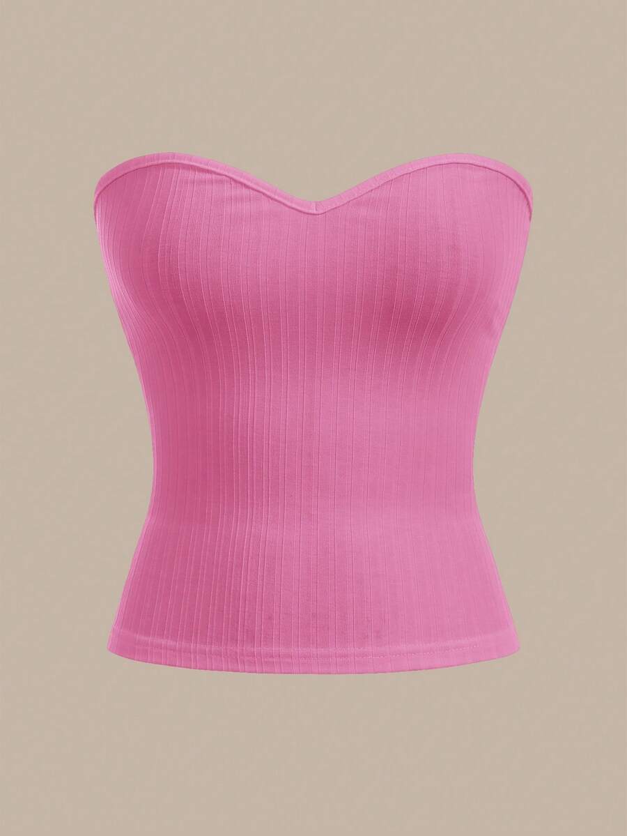 SHEIN BASICS 女士休闲纯色针织修身抹胸上衣 - 粉色 - 查看 1