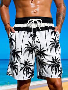 Surfspeed Men's Palm Tree Pattern White Floral Swim Trunks,Summer Casual Holiday Pool Party Vacation Loose Drawstring Pocket Beach Hawaii Tropical Board Shorts - Black and White - View 5