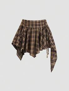 Sweetra Women's Plaid Print Asymmetric Hem Casual Short Skirt, Spring/Summer/Autumn - Coffee Brown - View 1