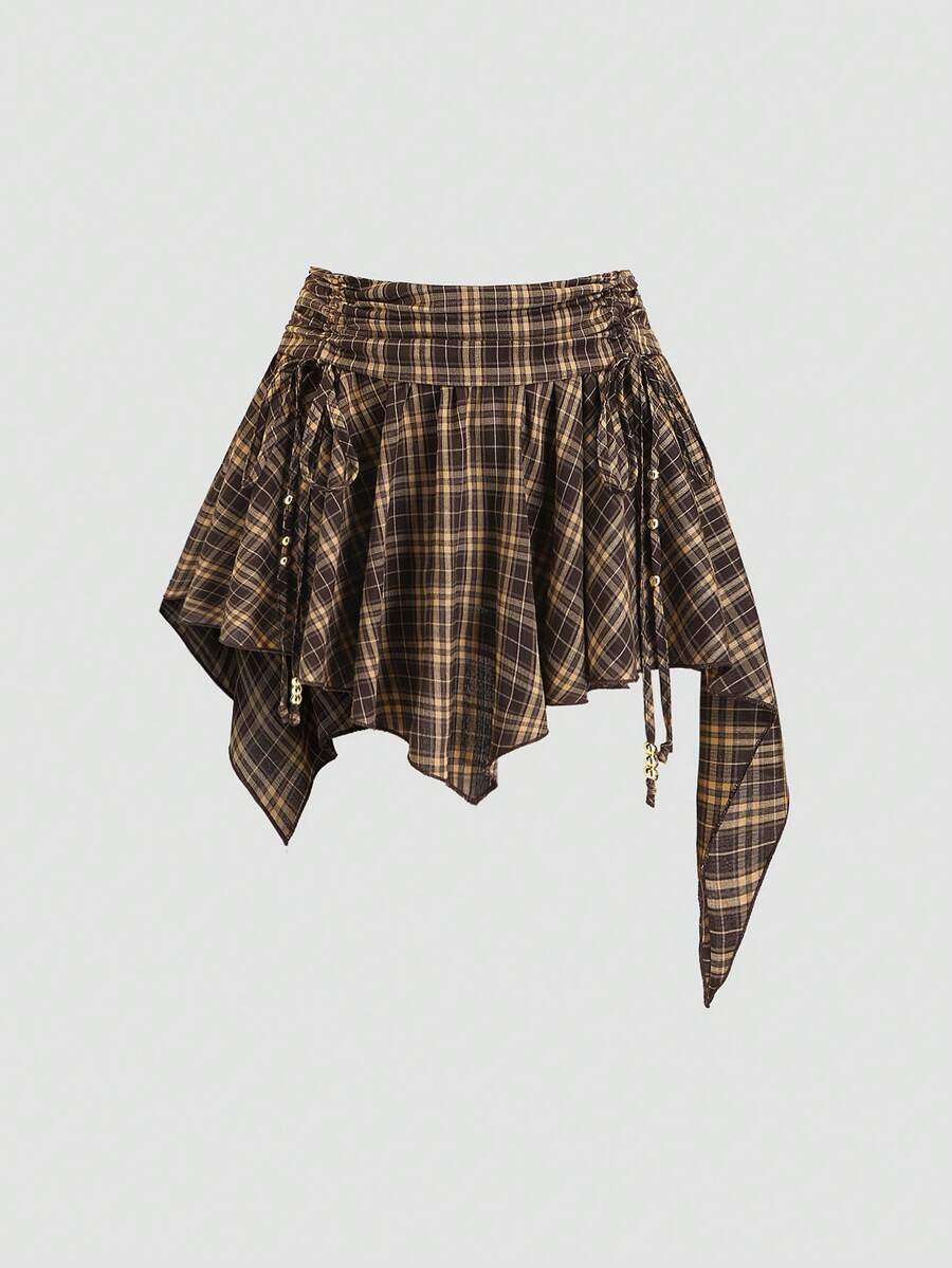 Sweetra Women's Plaid Print Asymmetric Hem Casual Short Skirt, Spring/Summer/Autumn - Coffee Brown - View 1