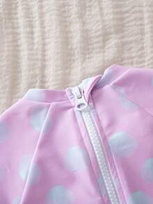 SHEIN Traje de baño de una pieza con cuello redondo, mangas raglán y volantes con estampado total para niña - Multicolor - Ver 3