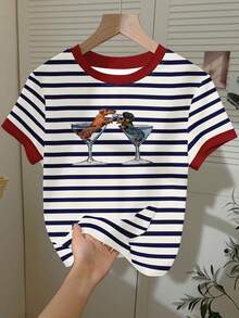 Women's Round Neck Contrast Trim Dog Print Casual Everyday Short Sleeve T-Shirt - Multicolor - View 3