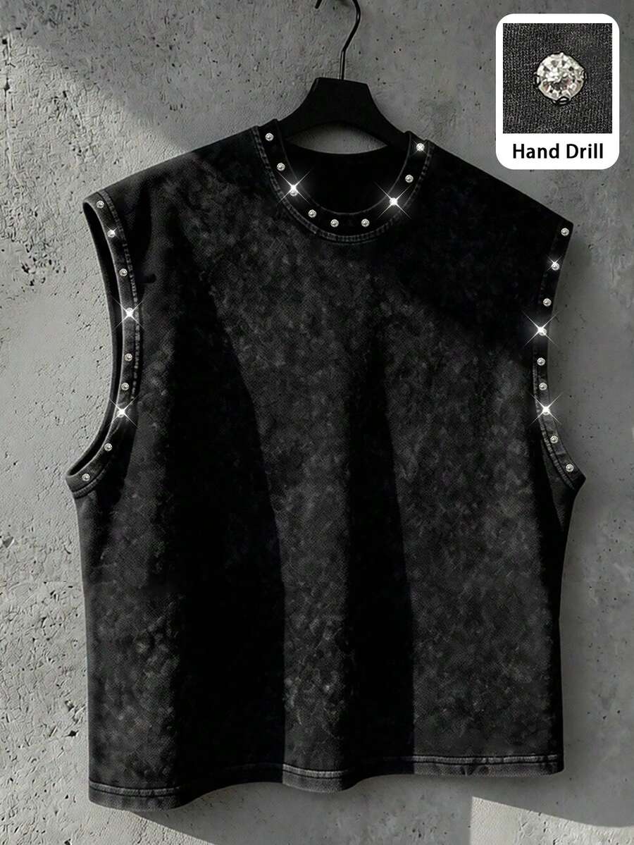 Manfinity EMRG Áo thun nam trơn màu đính đá, kiểu dáng thường ngày đa năng. - màu đen - Xem 1