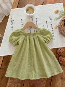 SHEIN Babygirl Cute Green Plaid Short Sleeve Bow Loose Sundress For Summer - Olive Green - View 2