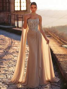 Elitara Elegant Luxurious Beaded Sequin Puff Ball Splice Elastic Knit Ruched Ruffle Hem Slit Fishtail Skirt With Halter, Suitable For Wedding, Party, Vacation, Prom, Evening Gown - Apricot - View 6