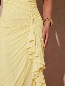 Silquee Elegant Pale Yellow Summer Seductive Party Dress, Ruffle High Slit Maxi Cami Bodycon Dress For Women,Valentine's Day,Date,Wedding Guest,Prom - Light Yellow - View 6