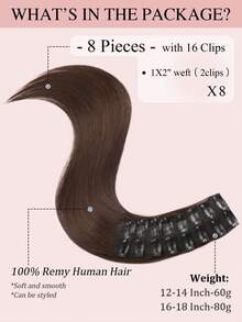 8PCS With 16 Clips Straight Clip In Hair Extensions 100% Real Human Hair Color 2# Dark Brown 12-18 Inch Double Weft Invisible Clip Hair Extensions Remy Natural Human Hair For Women Girl Daily Full Head Use - 2# - View 2