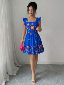 Elenzga Women's Blue Floral Square Neck Ruffle Hem Sleeveless Dress,Summer Boho Garden Party Holiday Holiday Casual Vacation Multi-Color Digital Print Design - Royal Blue - View 3