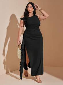 SHEIN BAE Plus Size Women Green Asymmetrical Shoulder Dress - Black - View 1