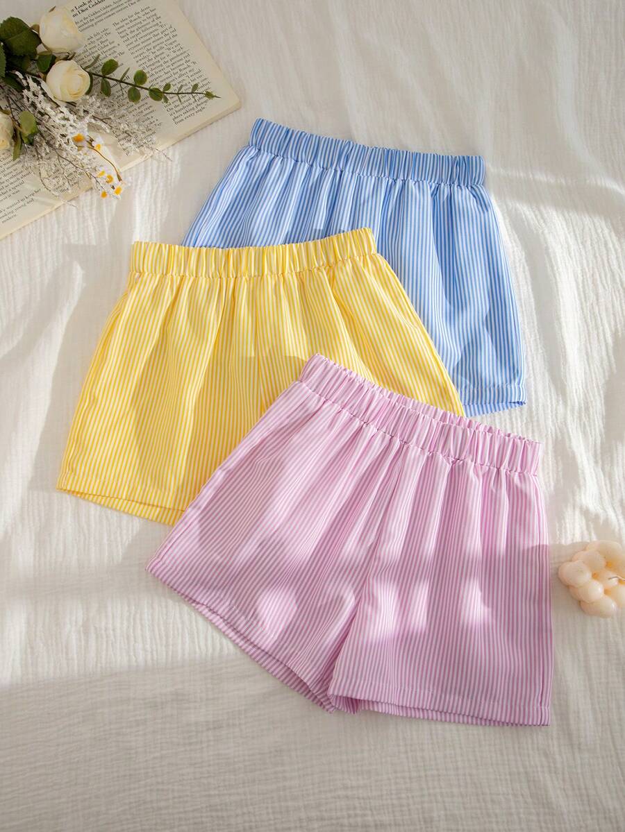 SHEIN Bộ 3 quần short dệt kẻ sọc dáng casual cho bé gái - Nhiều màu - Xem 1