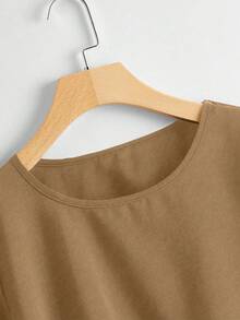 SHEIN Clasi Plus Solid Ruffle High-Low Hem Blouse, For Christmas Peplum Top Date Night Chocolate Brown Summer Elegant - Khaki - View 4