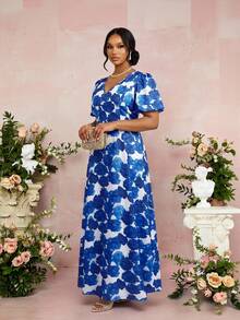 Fleurora Plus Size Contrast Color Print Short Sleeve Dress Women Holiday Dress Women's Summer Dresses Women Casual Dresses Women's Spring Dress Long Casual Dresses For Woman Long Summer Dresses For Women Santorini Outfit For Women - Multicolor - View 4