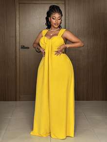 Maweii Bộ jumpsuit không tay ống rộng, màu trơn, khoét eo, gợi cảm dành cho nữ cỡ lớn - Màu vàng - Xem 4