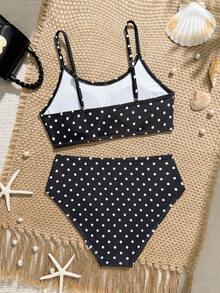 SHEIN Tween Girls Tankini Swimwear, Black & White Polka Dot Knit Fabric, Adjustable Straps & Back, 2 Pieces Swimwear Set, Fashionable Casual Elegant Design, Suitable For Swimming, Summer Vacation, Beach, Pool Bikini Sets Polka Dot Polka Dot Swimwear Bathing Suits Polka Dot Poka Dots Bathing Suit Cheap Bathing Suits - Black and White - View 2
