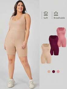 SHEIN BASICS Bộ áo liền quần không tay màu trơn tối giản dành cho nữ cỡ lớn, trang phục thường ngày thoải mái. - Màu be - Xem 1