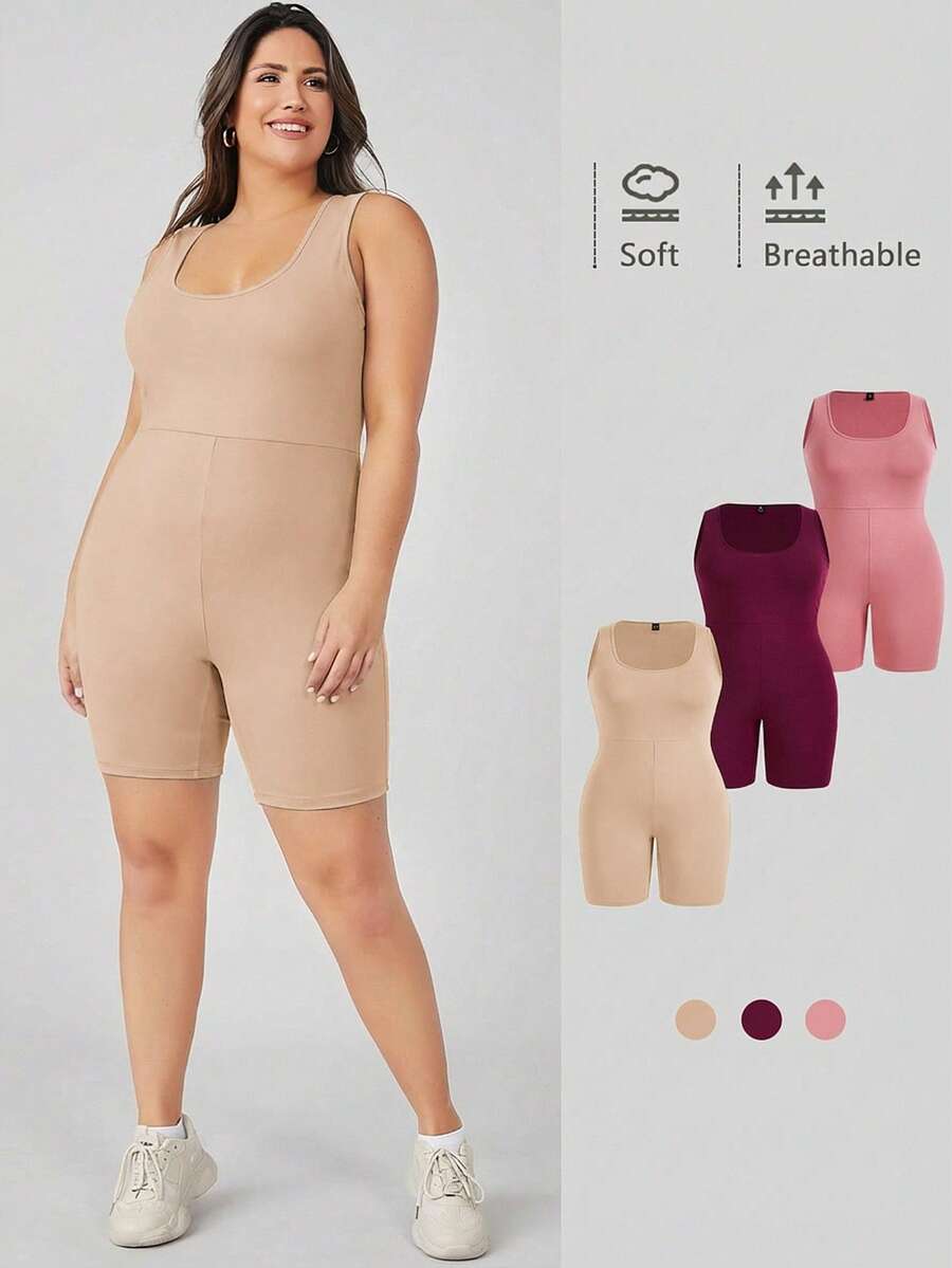 SHEIN BASICS Bộ áo liền quần không tay màu trơn tối giản dành cho nữ cỡ lớn, trang phục thường ngày thoải mái. - Màu be - Xem 1