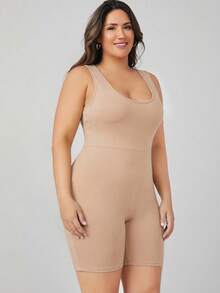 SHEIN BASICS Bộ áo liền quần không tay màu trơn tối giản dành cho nữ cỡ lớn, trang phục thường ngày thoải mái. - Màu be - Xem 7